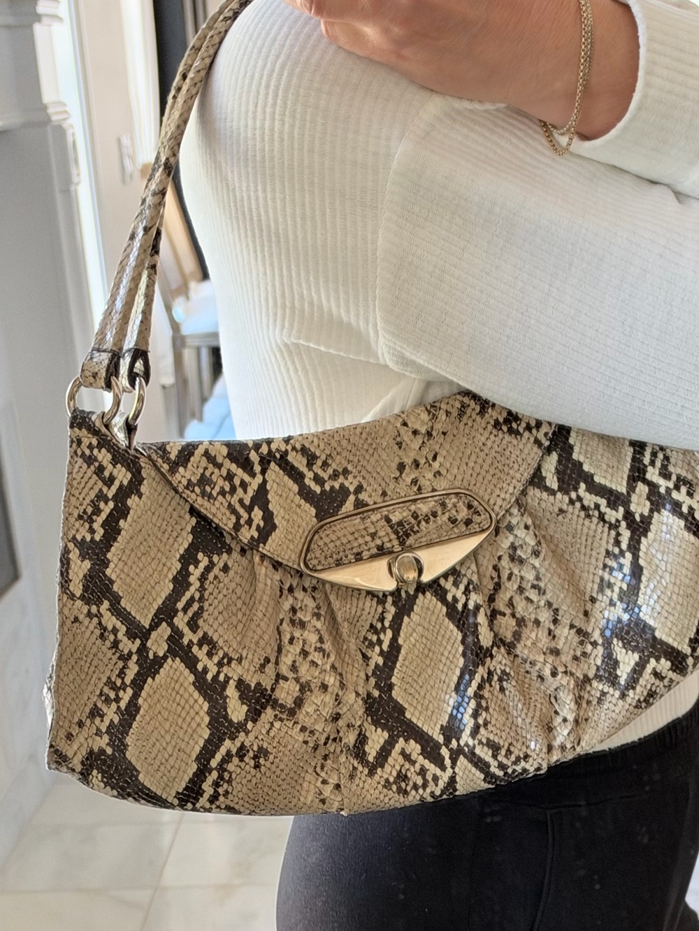Furla Snake Print Shoulder Bag in Beige and Black - Genuine Leather Like New